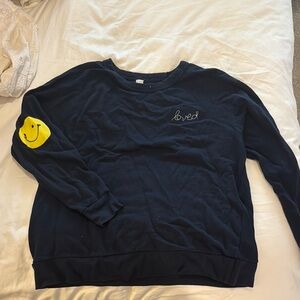 Kerri Rosenthal Navy Blue Sweatshirt with Yellow Smiley Patch